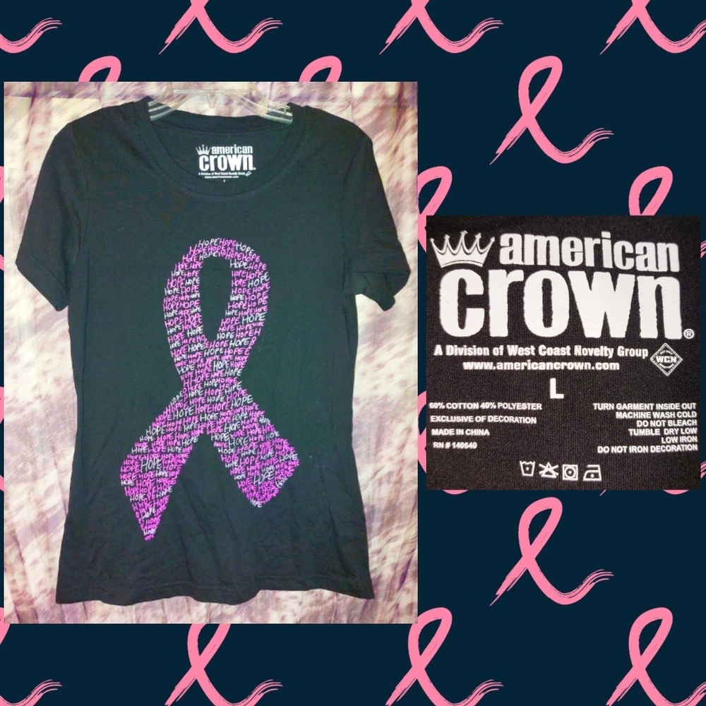 American Crown Blk/Pink Breast Cancer Awareness Ribbon HOPE Knit T-shirt Sz Lrg